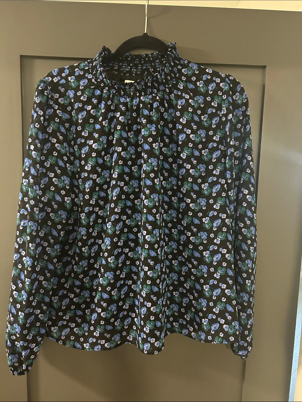 Black Floral Long-Sleeve Blouse with Blue & Teal Flowers